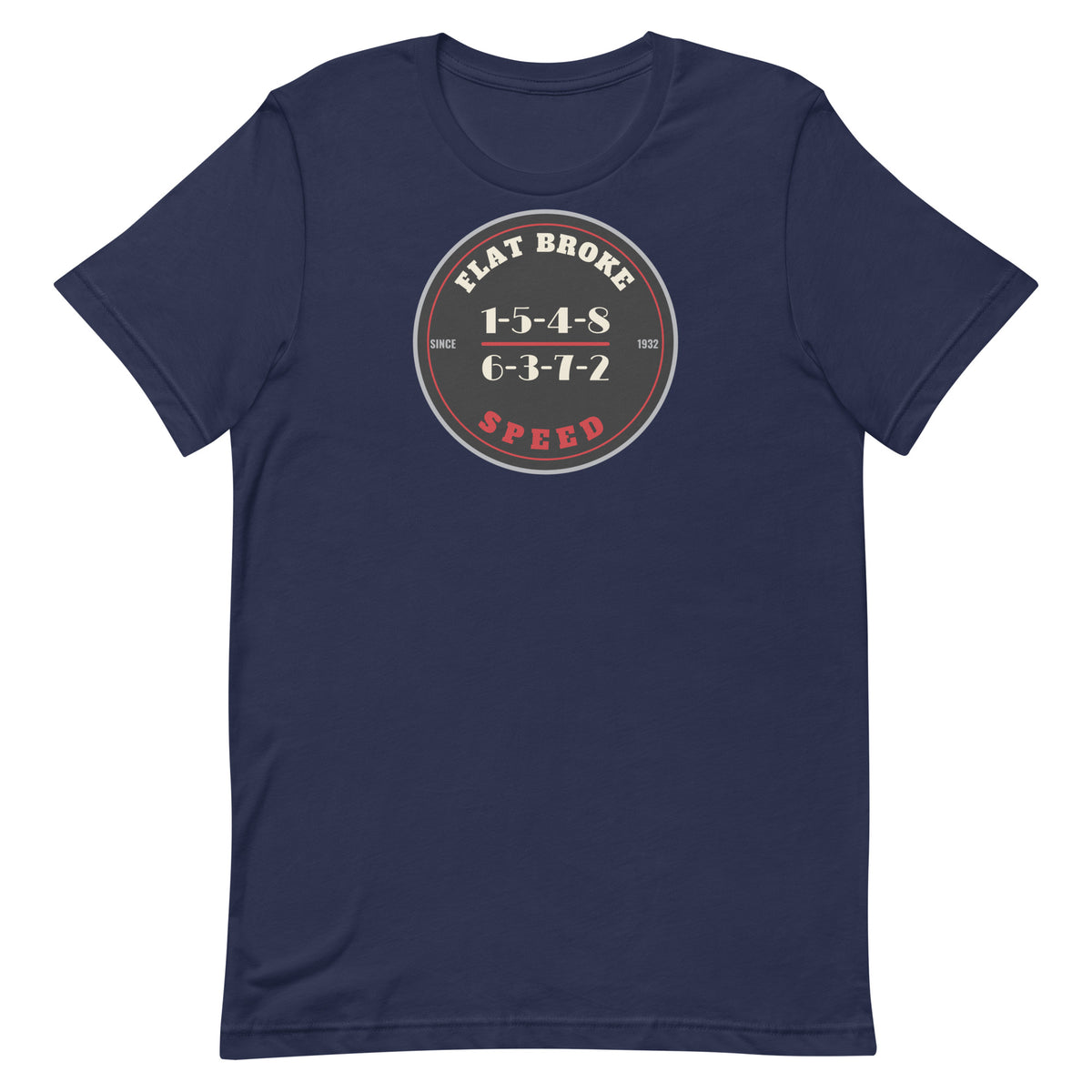 Flat Broke Speed 1932 Badge firing order t-shirt, Navy, front