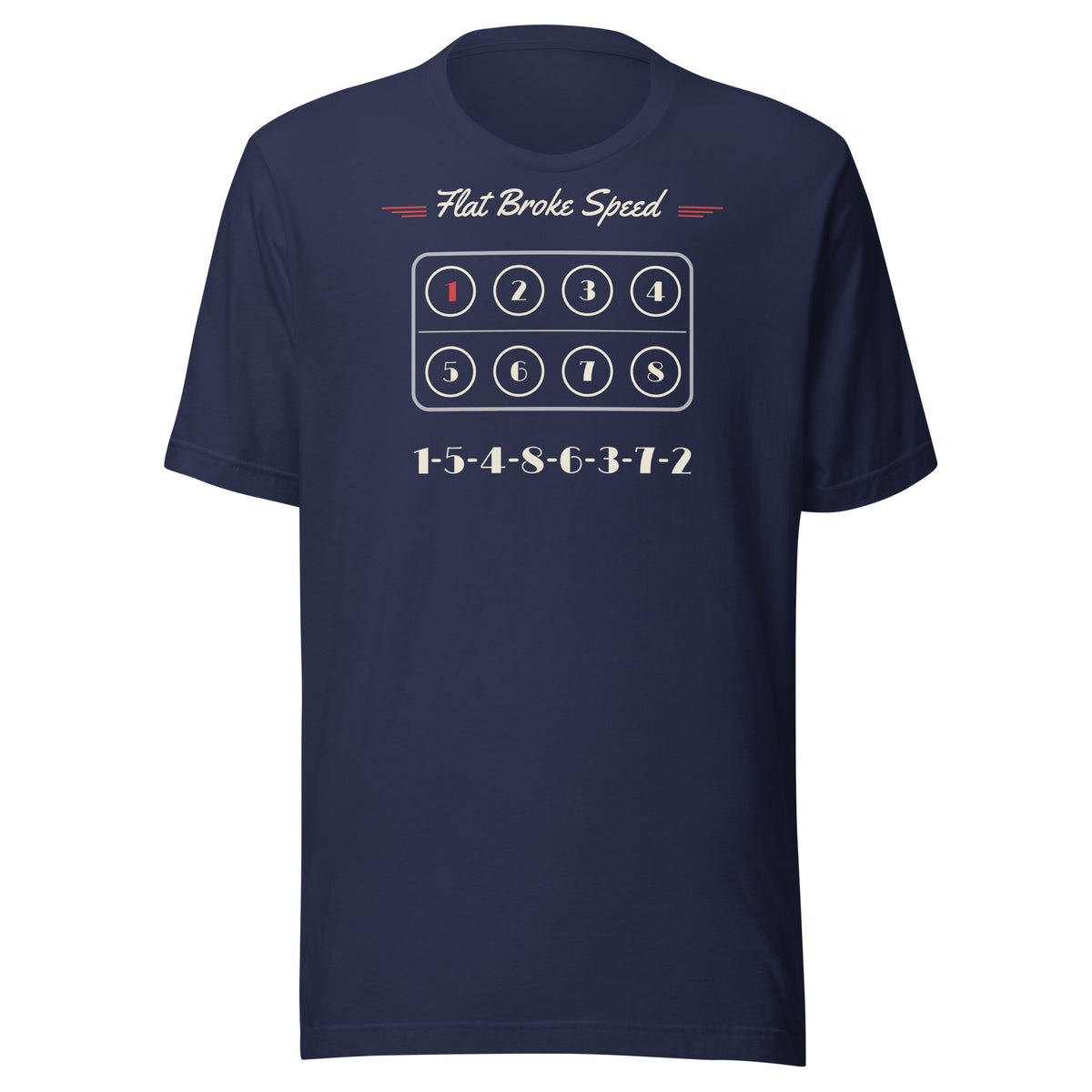 Flat Broke Speed flathead V8 cylinder map firing order t-shirt, Navy, front