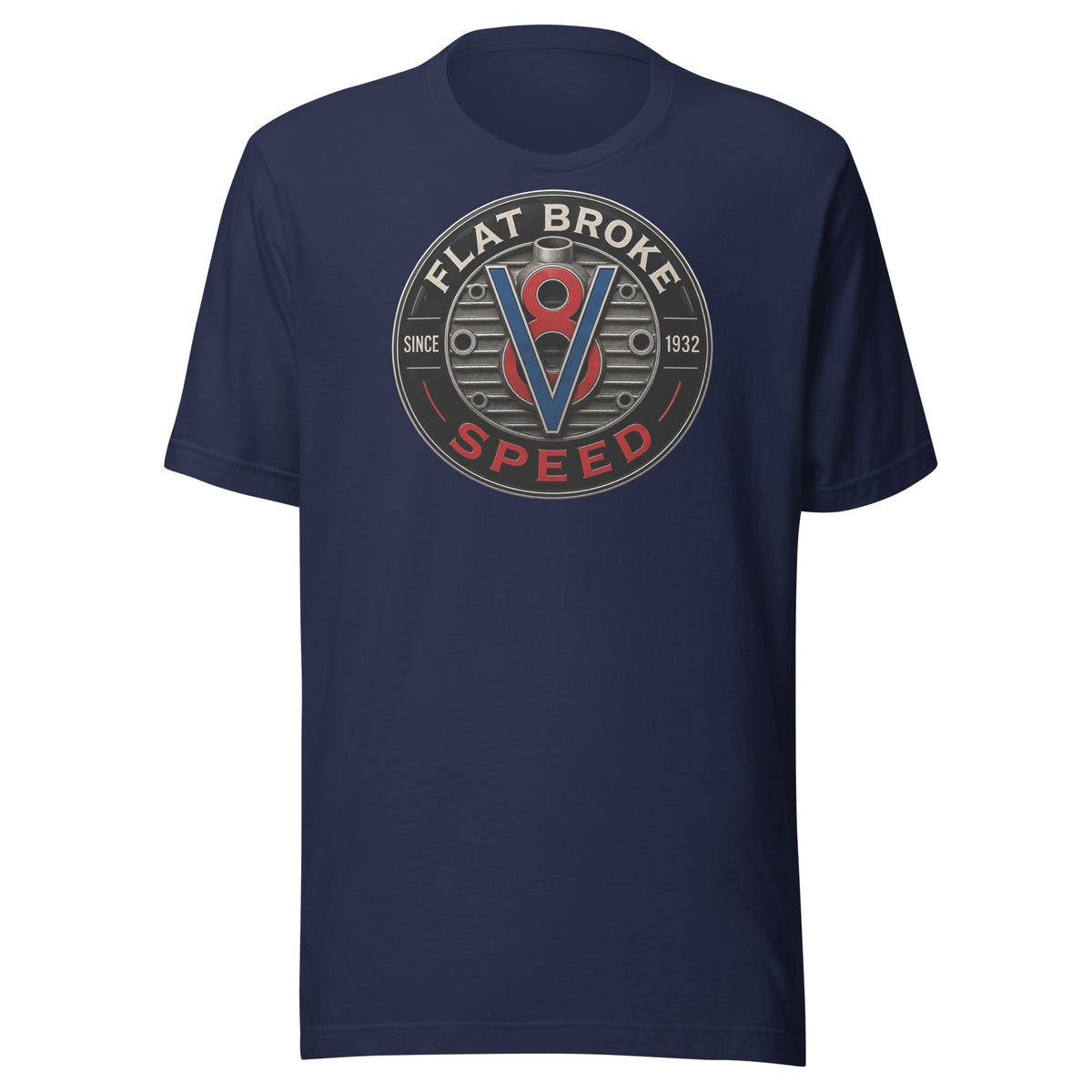 Flat Broke Speed Since 1932 V8 badge logo t-shirt, Navy, front