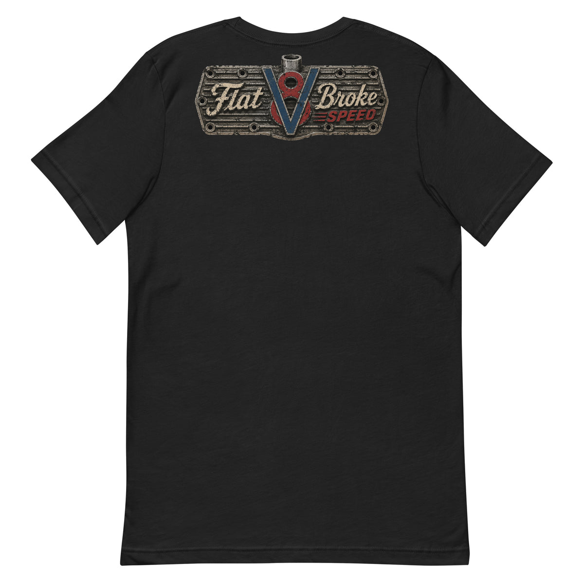 Flat Broke Speed V8 logo front and back t-shirt, Vintage Black, back