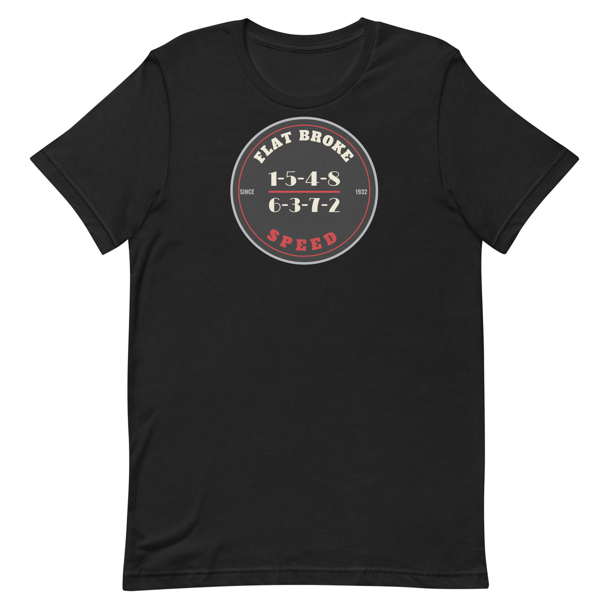 Flat Broke Speed 1932 Badge firing order t-shirt, Vintage Black, front