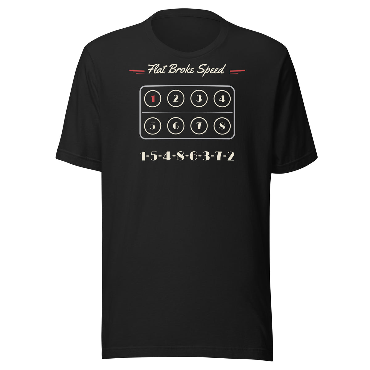 Flat Broke Speed flathead V8 cylinder map firing order t-shirt, Vintage Black, front
