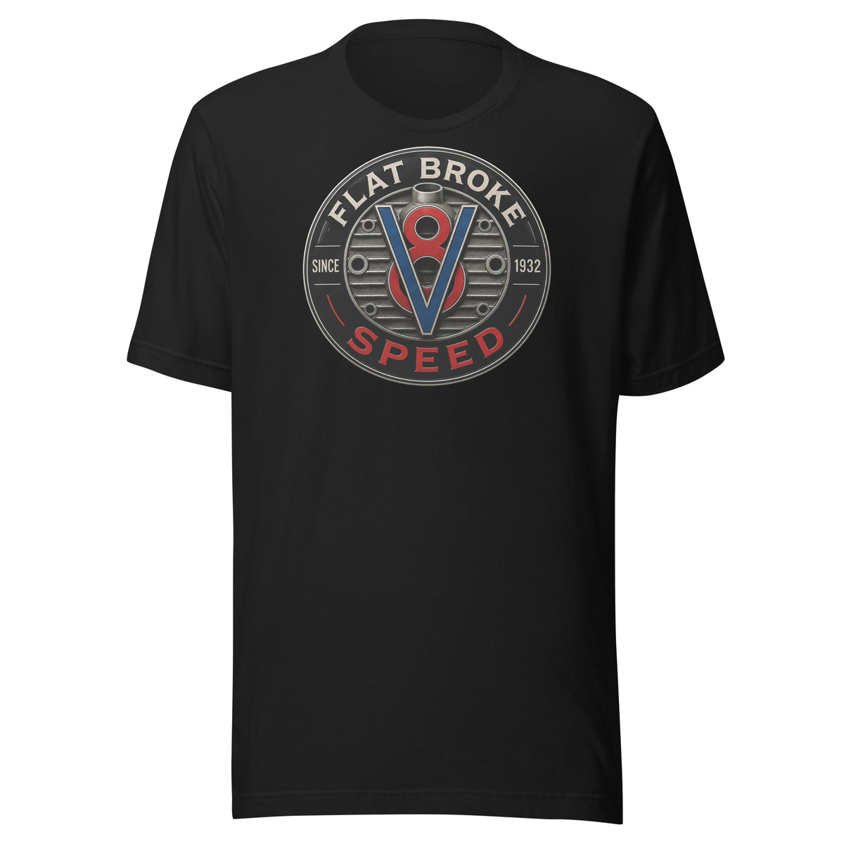 Flat Broke Speed Since 1932 V8 badge logo t-shirt, Vintage Black, front