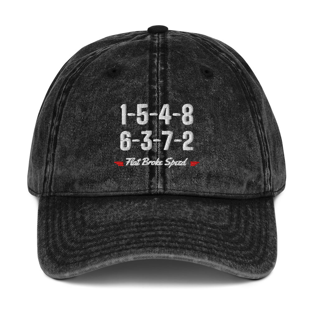 Flat Broke Speed 1-5-4-8 6-3-7-2 firing order vintage twill cap, Black, front