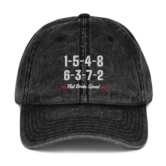 Flat Broke Speed 1-5-4-8 6-3-7-2 firing order vintage twill cap, Black, front