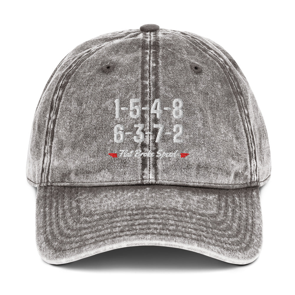 Flat Broke Speed 1-5-4-8 6-3-7-2 firing order vintage twill cap, Charcoal Grey, front