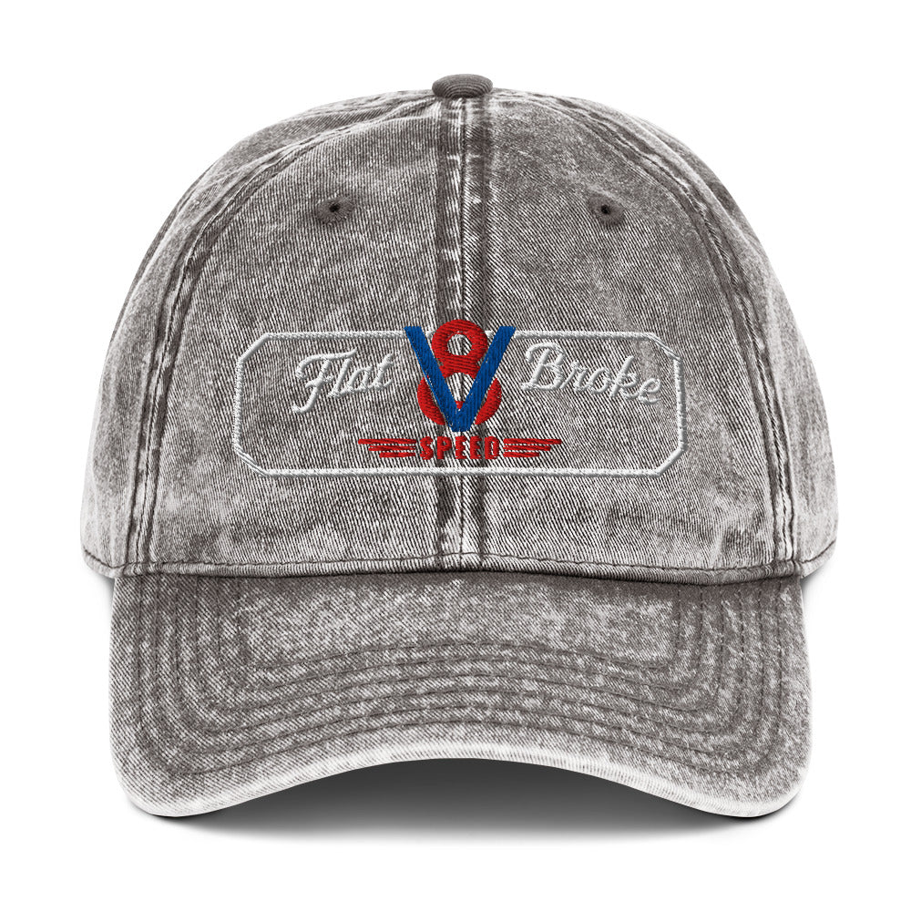 Flat Broke Speed V8 logo vintage washed twill cap, Charcoal Grey, front