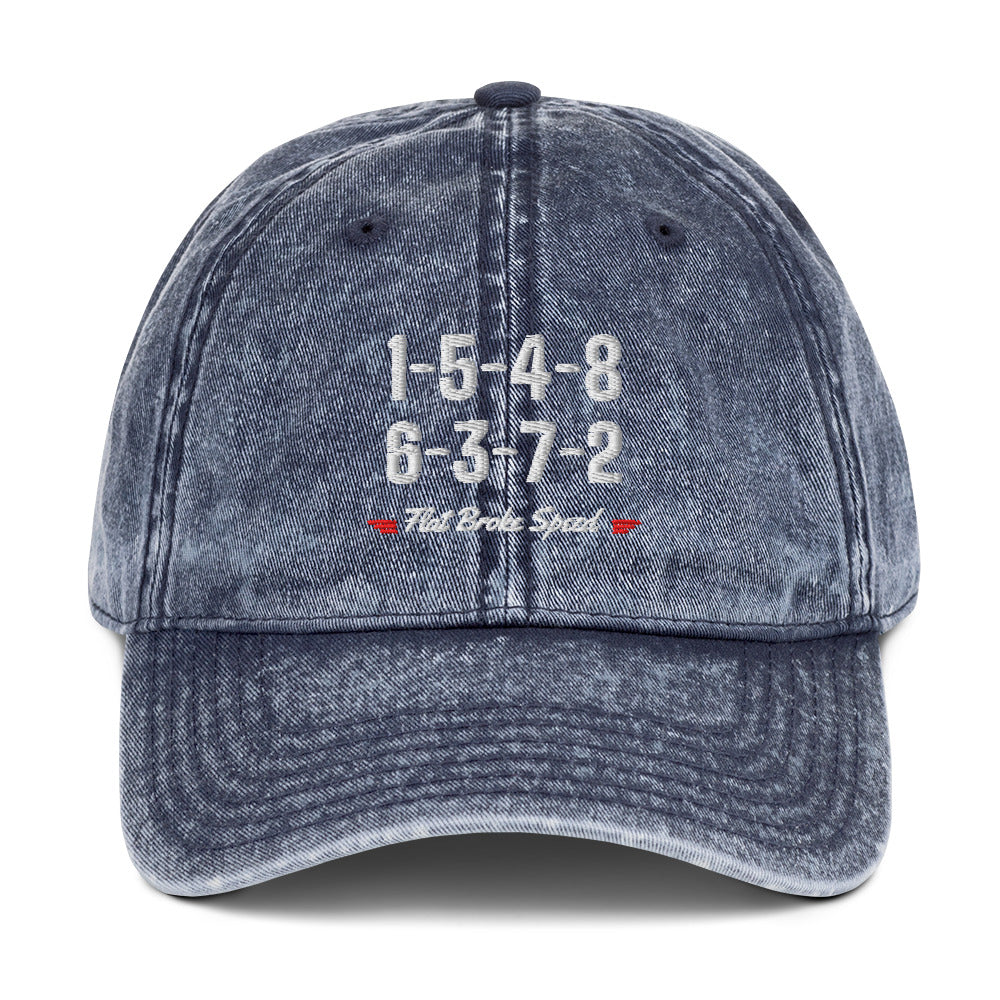 Flat Broke Speed 1-5-4-8 6-3-7-2 firing order vintage twill cap, Navy, front