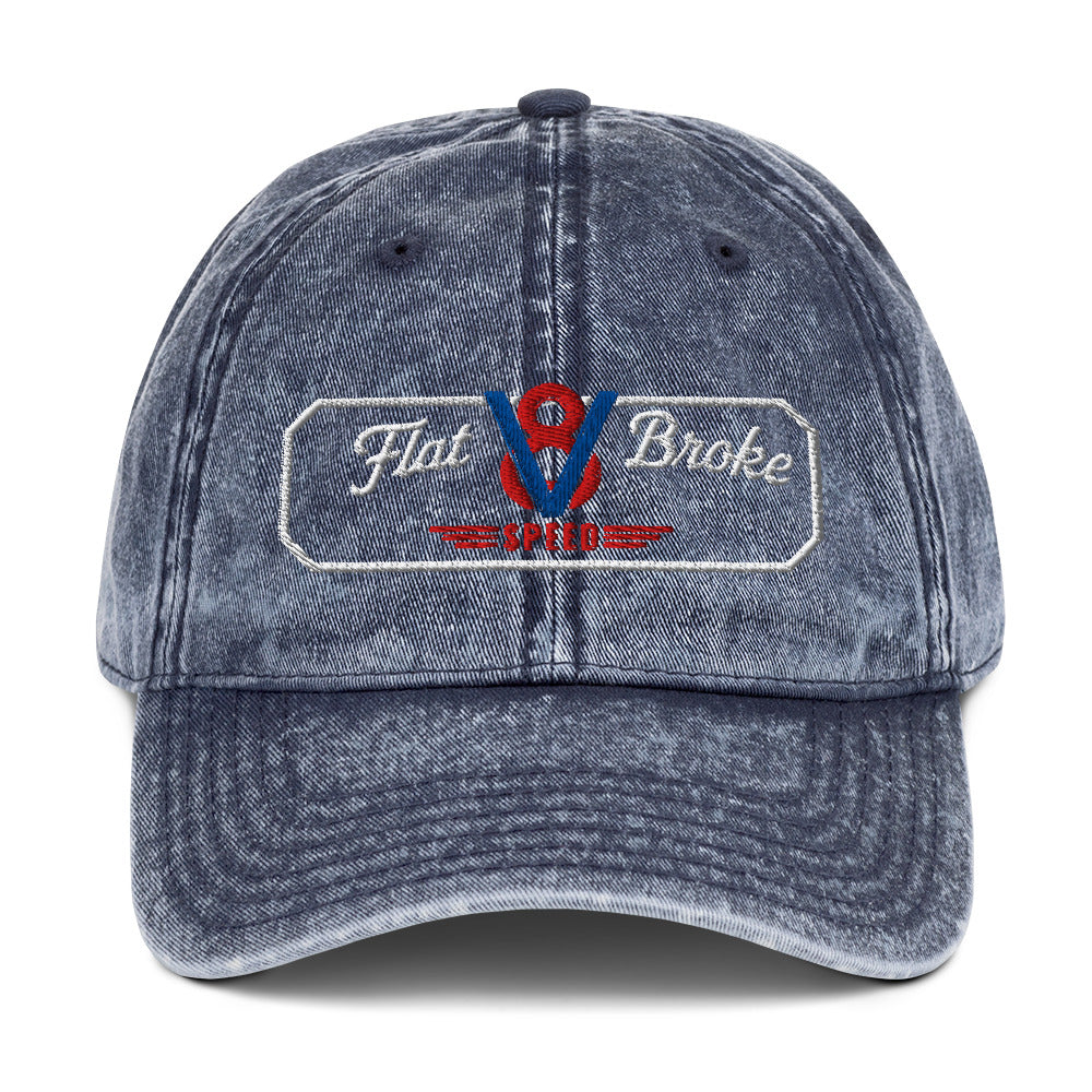 Flat Broke Speed V8 logo vintage washed twill cap, Navy, front