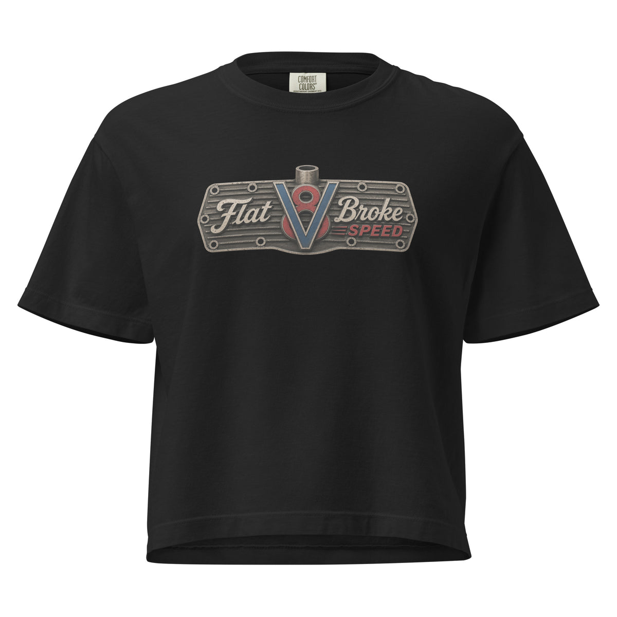 Flat Broke Speed V8 lifestyle logo women's boxy t-shirt, Black, front