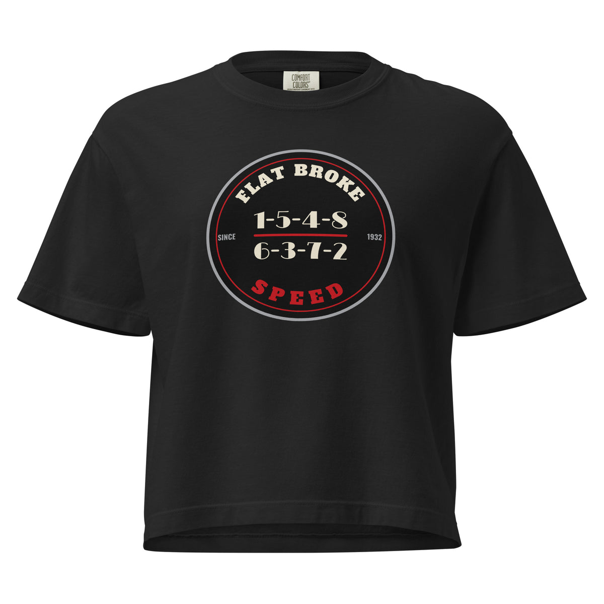 Flat Broke Speed 1932 badge firing order women's boxy t-shirt, Black, front