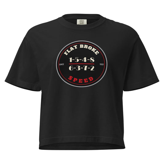 Flat Broke Speed 1932 badge firing order women's boxy t-shirt, Black, front