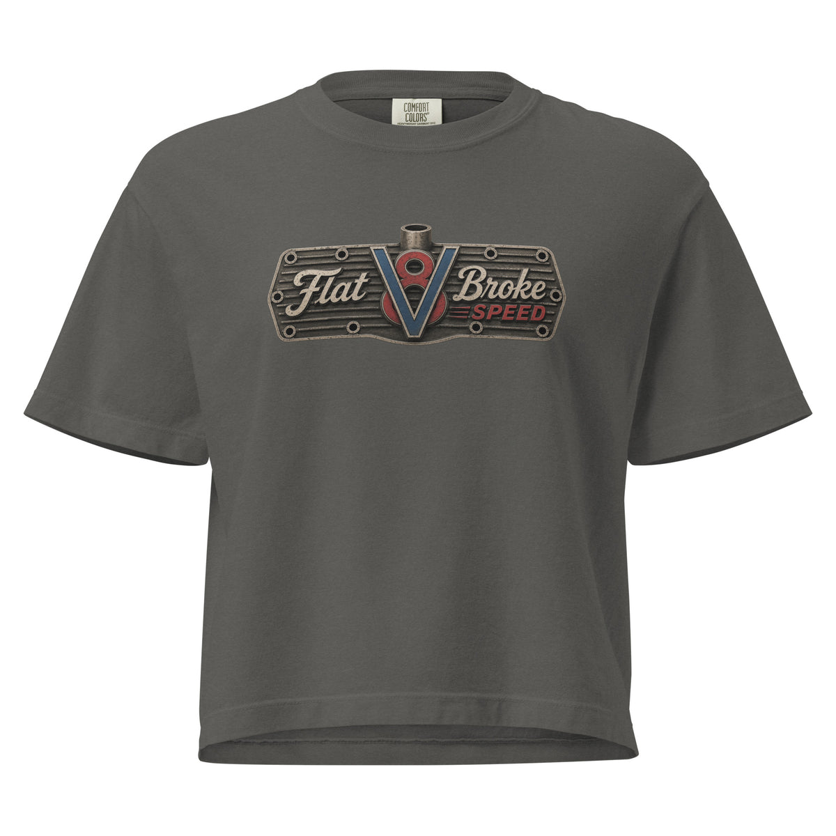 Flat Broke Speed V8 lifestyle logo women's boxy t-shirt, Pepper, front