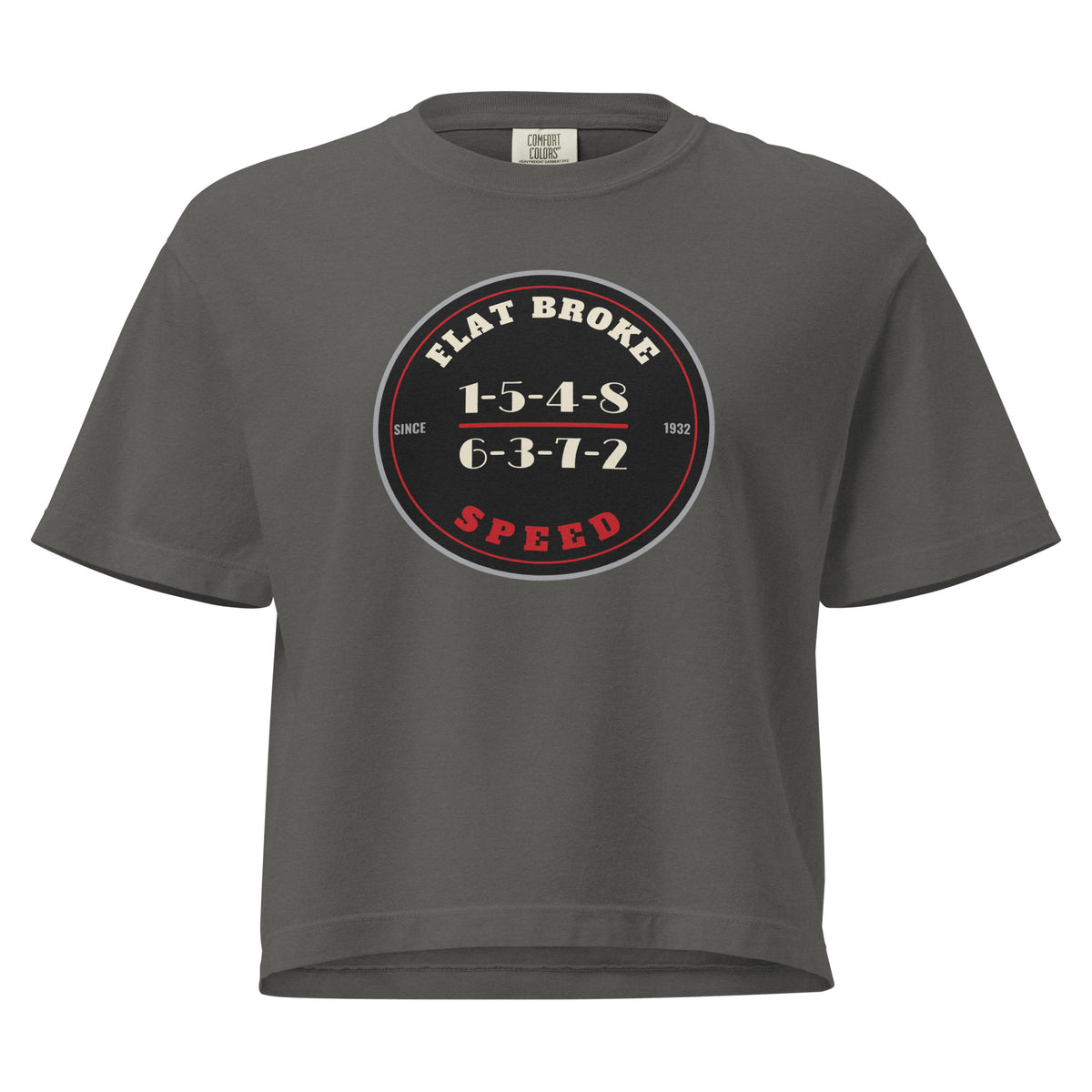 Flat Broke Speed 1932 badge firing order women's boxy t-shirt, Pepper, front